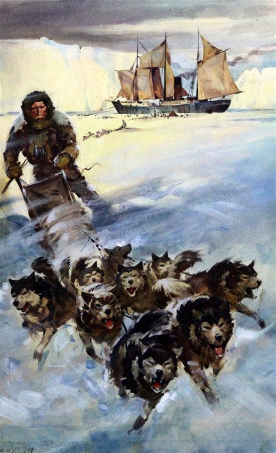 English School Book illustration depicting an arctic expedition dog sleigh, 13 x 8in.